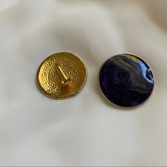 VTG Deep Blue Marbled Round Gold Clip Earrings - Picture 2 of 5
